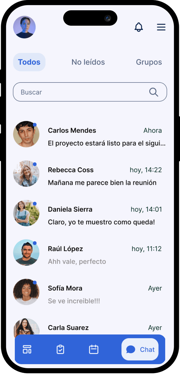 Pantalla de chats de la app de TikNEO